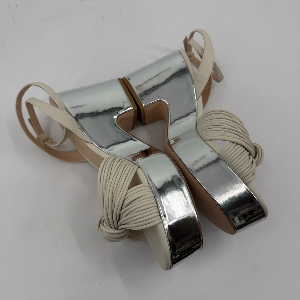 Anthropologie Guilhermina Knotted Platform Silver Mirror Heels Size 9